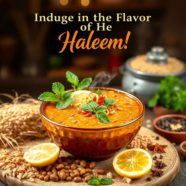 A captivating poster featuring a steaming bowl of haleem, a rich and savory traditional dish