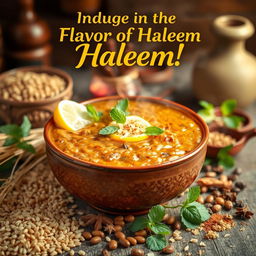 A captivating poster featuring a steaming bowl of haleem, a rich and savory traditional dish