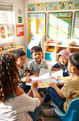 A group of diverse children engaged in a lively discussion in a bright, colorful classroom filled with educational posters and books