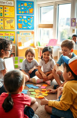 A group of diverse children engaged in a lively discussion in a bright, colorful classroom filled with educational posters and books