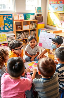 A group of diverse children engaged in a lively discussion in a bright, colorful classroom filled with educational posters and books