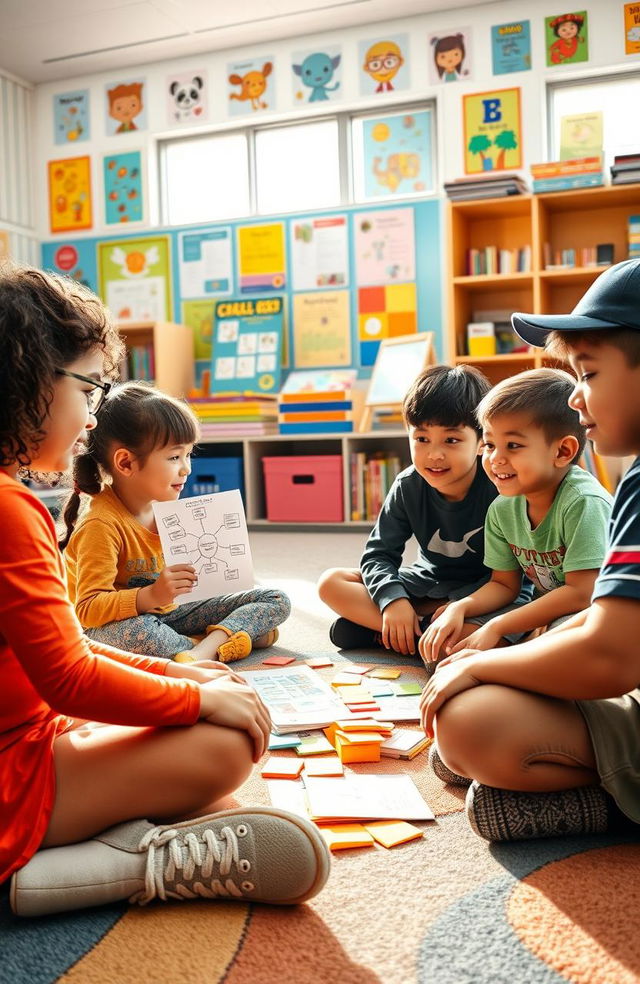 A group of diverse children engaged in a lively discussion in a bright, colorful classroom filled with educational posters and books