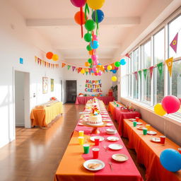 A spacious party room featuring large windows on the right side that flood the area with natural light, creating a warm and inviting atmosphere