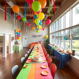 A spacious party room featuring large windows on the right side that flood the area with natural light, creating a warm and inviting atmosphere