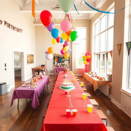 A spacious party room featuring large windows on the right side that flood the area with natural light, creating a warm and inviting atmosphere