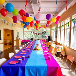 A spacious party room featuring large windows on the right side that flood the area with natural light, creating a warm and inviting atmosphere
