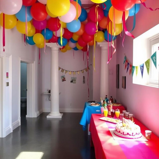 A lively party room featuring a small window on the right side that lets in a bit of natural light, enhancing the festive atmosphere