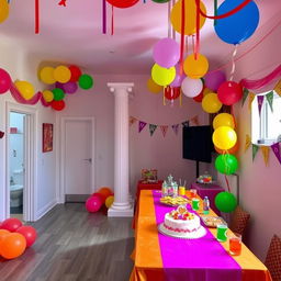 A lively party room featuring a small window on the right side that lets in a bit of natural light, enhancing the festive atmosphere