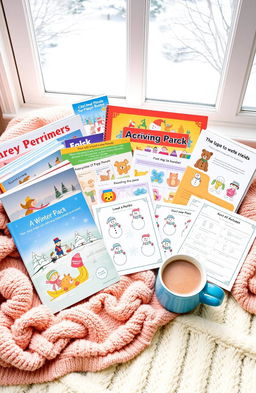 A cozy winter learning pack for children, featuring a colorful array of educational materials and winter themed activities