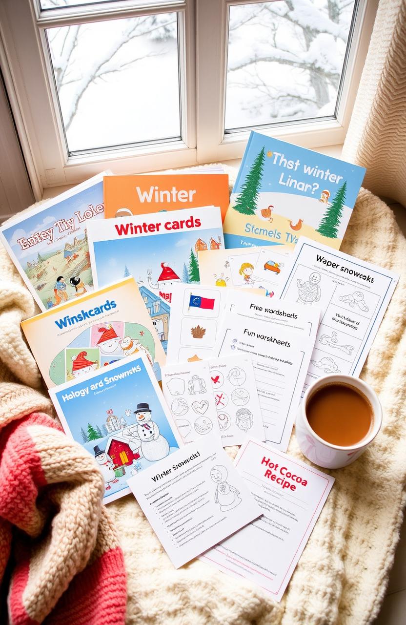 A cozy winter learning pack for children, featuring a colorful array of educational materials and winter themed activities