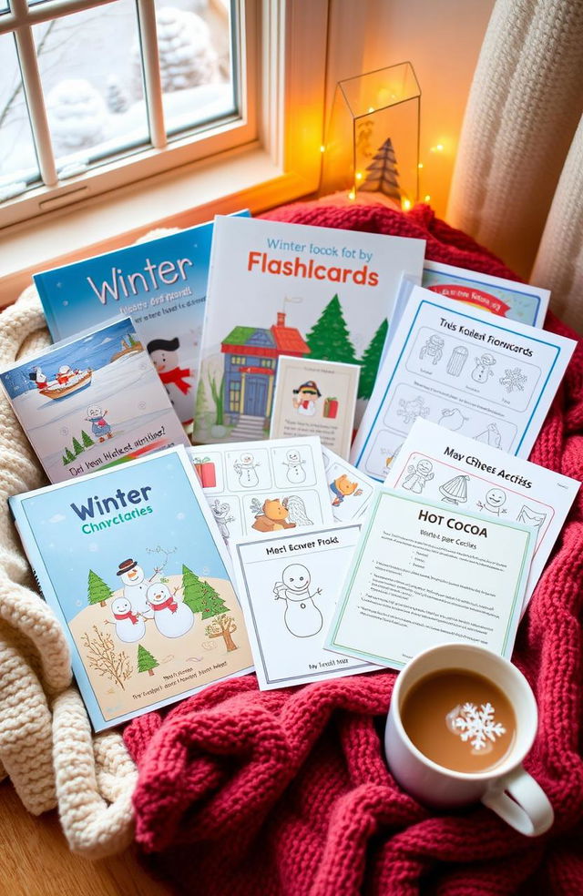 A cozy winter learning pack for children, featuring a colorful array of educational materials and winter themed activities