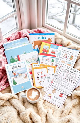 A cozy winter learning pack for children, featuring a colorful array of educational materials and winter themed activities
