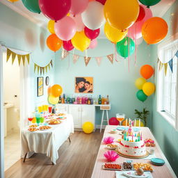 A vibrant party room featuring a window on the right side that bathes the space in natural light, enhancing the lively atmosphere