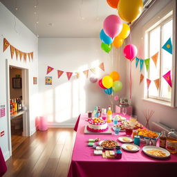 A vibrant party room featuring a window on the right side that bathes the space in natural light, enhancing the lively atmosphere