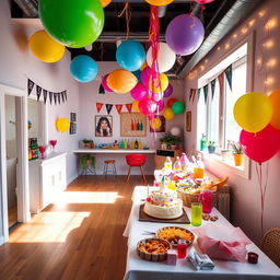 A vibrant party room featuring a window on the right side that bathes the space in natural light, enhancing the lively atmosphere