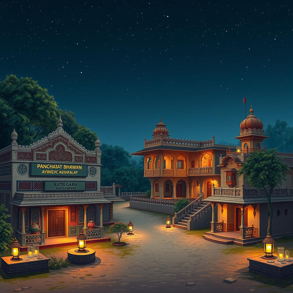 A beautiful scene depicting a typical Rajasthan village setting, featuring a Panchayat Bhawan, an Ayurvedic Aushadhalay, a school (Vidhyalaya), and a Mahakal Mandir