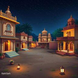 A beautiful scene depicting a typical Rajasthan village setting, featuring a Panchayat Bhawan, an Ayurvedic Aushadhalay, a school (Vidhyalaya), and a Mahakal Mandir