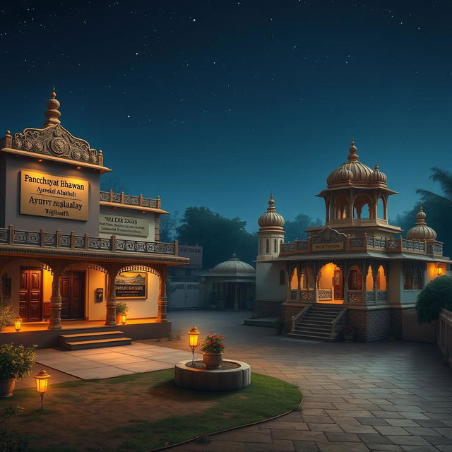 A beautiful scene depicting a typical Rajasthan village setting, featuring a Panchayat Bhawan, an Ayurvedic Aushadhalay, a school (Vidhyalaya), and a Mahakal Mandir