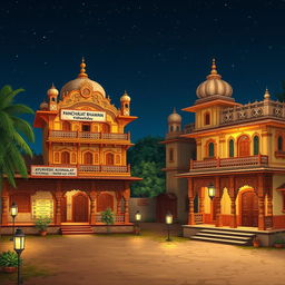A beautiful scene depicting a typical Rajasthan village setting, featuring a Panchayat Bhawan, an Ayurvedic Aushadhalay, a school (Vidhyalaya), and a Mahakal Mandir