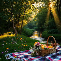 A stunning, aesthetic scene featuring a serene, lush forest at golden hour, with rays of sunlight filtering through the dense canopy of green leaves