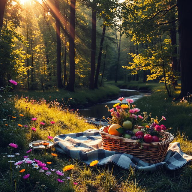 A stunning, aesthetic scene featuring a serene, lush forest at golden hour, with rays of sunlight filtering through the dense canopy of green leaves