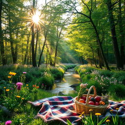 A stunning, aesthetic scene featuring a serene, lush forest at golden hour, with rays of sunlight filtering through the dense canopy of green leaves