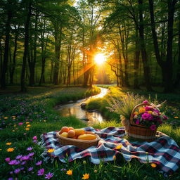 A stunning, aesthetic scene featuring a serene, lush forest at golden hour, with rays of sunlight filtering through the dense canopy of green leaves