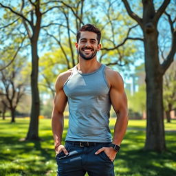 A portrait of a man who appears more healthy and fit than before, with a balanced physique, toned muscles, and an energetic smile