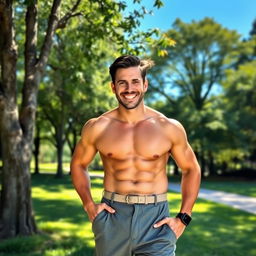 A portrait of a man who appears more healthy and fit than before, with a balanced physique, toned muscles, and an energetic smile