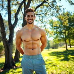 A portrait of a man who appears more healthy and fit than before, with a balanced physique, toned muscles, and an energetic smile