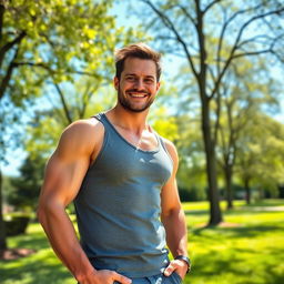 A portrait of a man who appears more healthy and fit than before, with a balanced physique, toned muscles, and an energetic smile