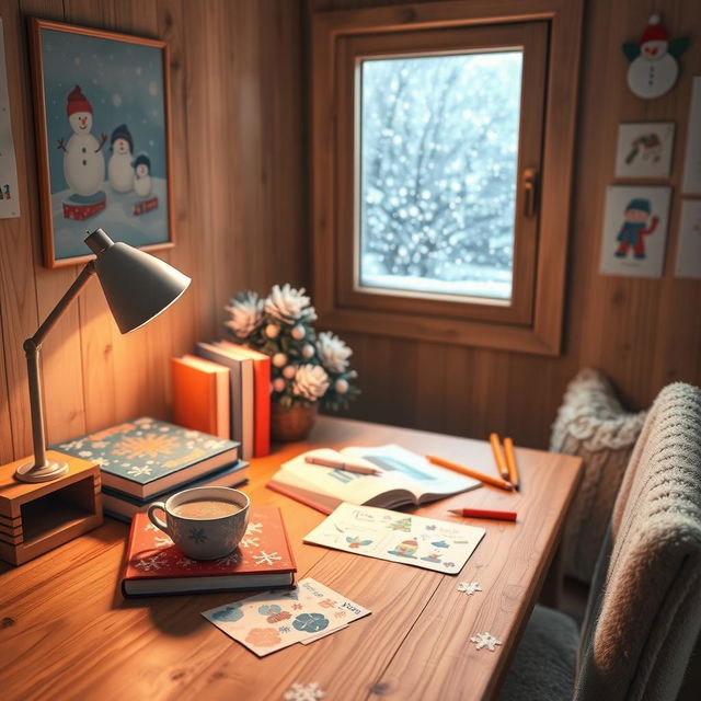 A cozy winter learning pack featuring a beautifully designed wooden desk with snow gently falling outside the window