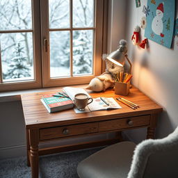 A cozy winter learning pack featuring a beautifully designed wooden desk with snow gently falling outside the window