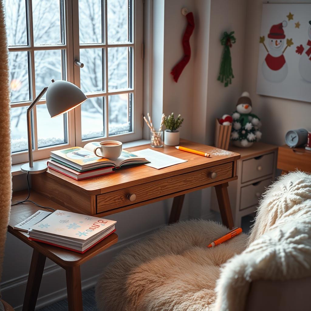 A cozy winter learning pack featuring a beautifully designed wooden desk with snow gently falling outside the window