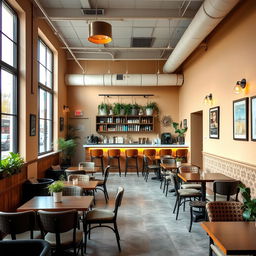 A cozy cafeteria featuring a large window on the left side, allowing ample natural light to illuminate the space