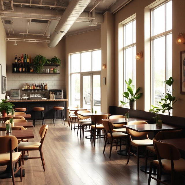 A cozy cafeteria featuring a large window on the left side, allowing ample natural light to illuminate the space