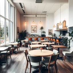A cozy cafeteria featuring a large window on the left side, allowing ample natural light to illuminate the space