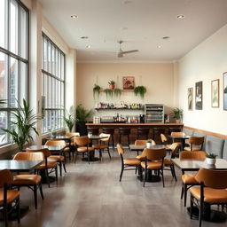 A cozy cafeteria featuring a large window on the left side, allowing ample natural light to illuminate the space