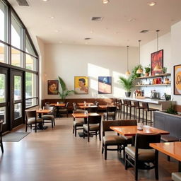 A welcoming cafeteria showcasing a large window and door on the left side, allowing natural light to fill the room
