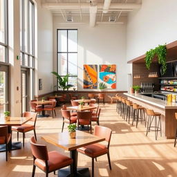 A welcoming cafeteria showcasing a large window and door on the left side, allowing natural light to fill the room