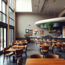 A welcoming cafeteria showcasing a large window and door on the left side, allowing natural light to fill the room