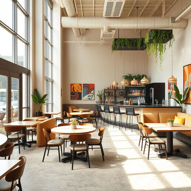 A welcoming cafeteria showcasing a large window and door on the left side, allowing natural light to fill the room