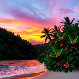 A stunning composition blending a serene sunset over a beach with vibrant colors of orange, pink, and purple sky reflecting on the tranquil waves