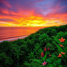 A stunning composition blending a serene sunset over a beach with vibrant colors of orange, pink, and purple sky reflecting on the tranquil waves