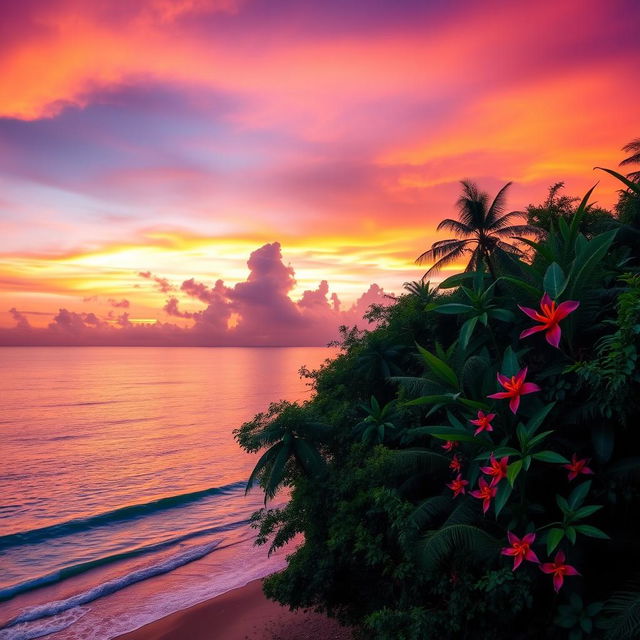 A stunning composition blending a serene sunset over a beach with vibrant colors of orange, pink, and purple sky reflecting on the tranquil waves