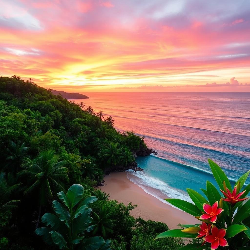 A stunning composition blending a serene sunset over a beach with vibrant colors of orange, pink, and purple sky reflecting on the tranquil waves