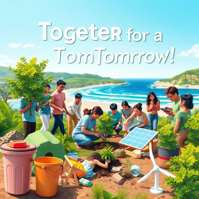 A visually striking advocacy poster for a community campaign against climate change featuring a diverse group of people planting trees and cleaning up a beach