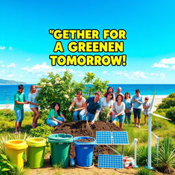 A visually striking advocacy poster for a community campaign against climate change featuring a diverse group of people planting trees and cleaning up a beach
