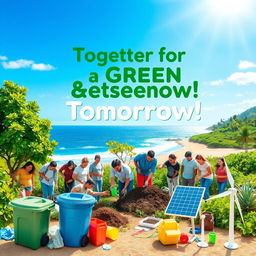 A visually striking advocacy poster for a community campaign against climate change featuring a diverse group of people planting trees and cleaning up a beach