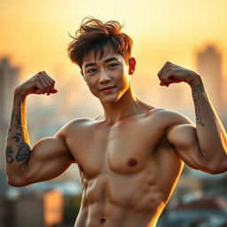 A stunning portrait of a male model inspired by Chanyeol from EXO, showcasing a hot muscular body